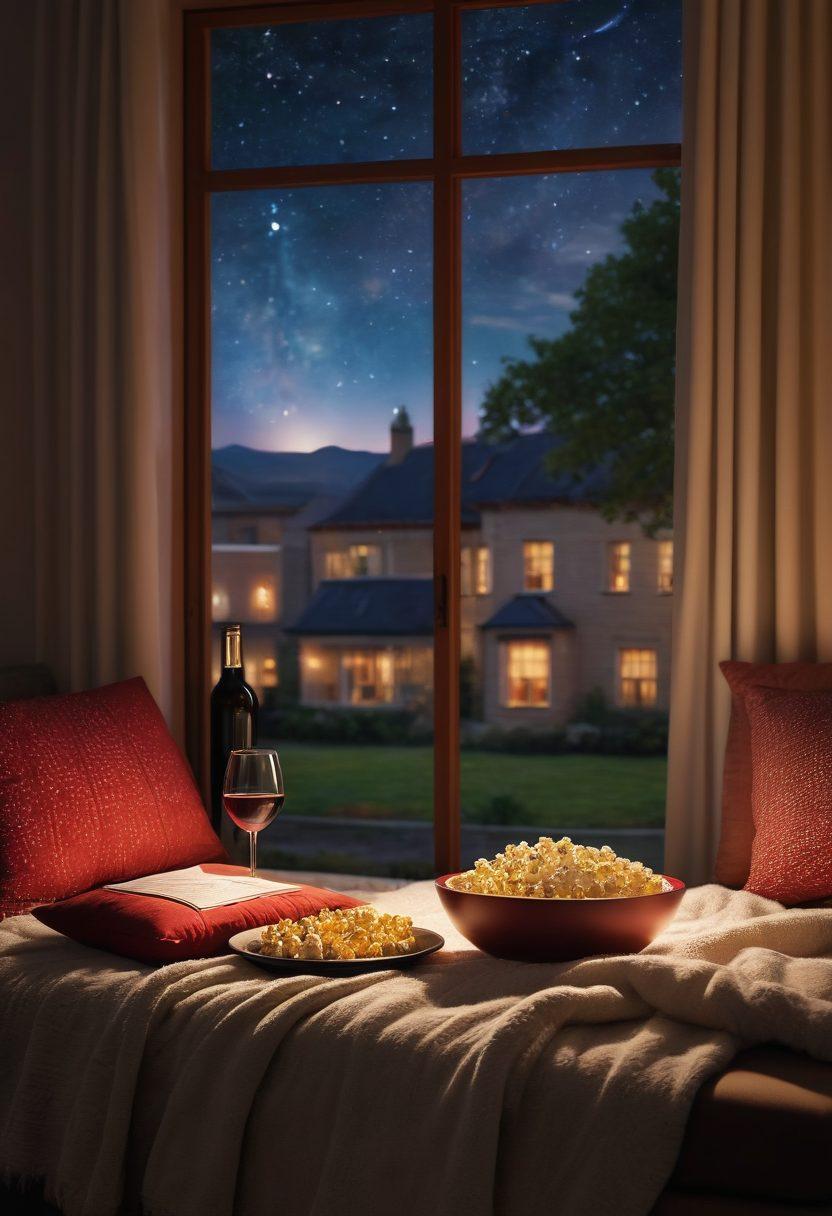 A cozy living room setting with a large screen displaying a classic film, surrounded by plush cushions and a soft blanket. A stylish table with a bowl of popcorn on one side and an elegant wine bottle with two glasses filled with red wine on the other. Dim lighting creates an inviting atmosphere, with a hint of a starry night sky visible through a window. The scene conveys warmth and connection, perfect for a memorable movie night experience. super-realistic. vibrant colors. warm lighting.