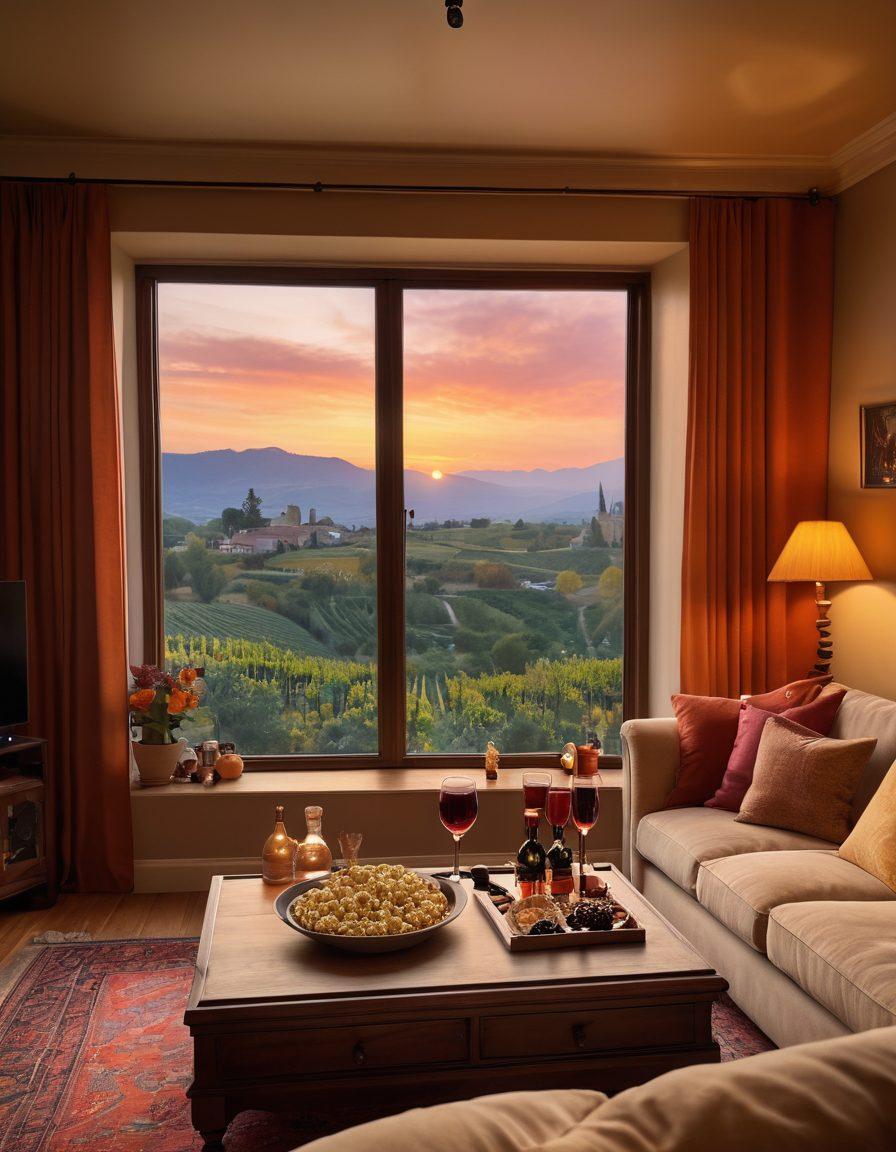 A cozy living room scene with a plush sofa, a large screen displaying a classic film, and a wooden coffee table adorned with an array of elegant wine glasses and vibrant bottles of wine. Soft, warm lighting creates an inviting atmosphere, while a bowl of popcorn and a film reel add a playful touch. Include a window showing a sunset for a joyful ambiance. super-realistic. warm colors. vibrant details.