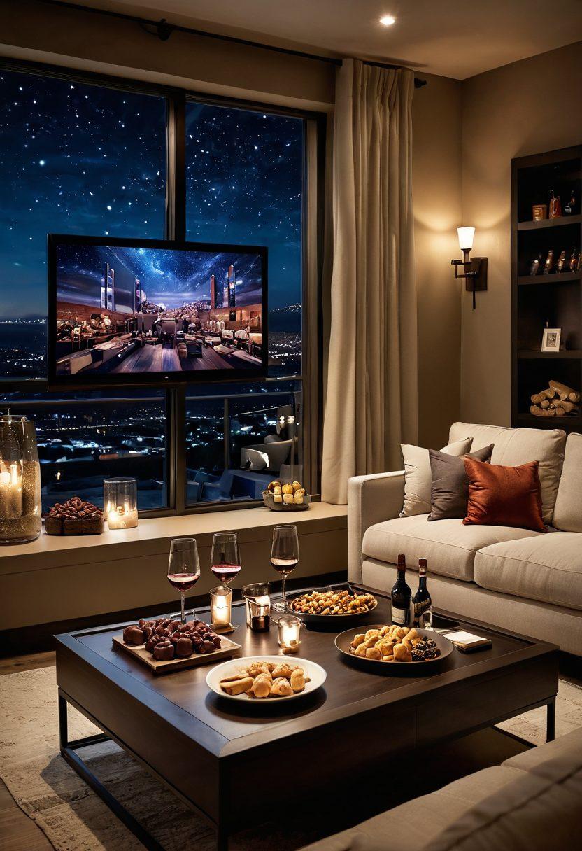 A cozy living room setting with a plush sofa and a large screen playing a movie. On a stylish coffee table, there's an elegant arrangement of wine glasses filled with different wines, alongside gourmet snacks. Soft ambient lighting creates a warm atmosphere, and a bottle of wine with a classy label is prominently displayed. A window shows a starry night, enhancing the movie night vibe. super-realistic. warm colors. cozy ambiance.